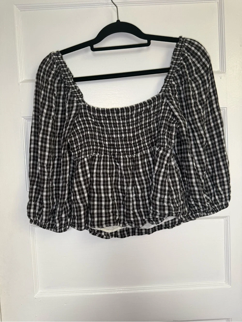 Abercrombie & Fitch Black and White Smocked Plaid Peasant Blouse Fall Boho Sz M